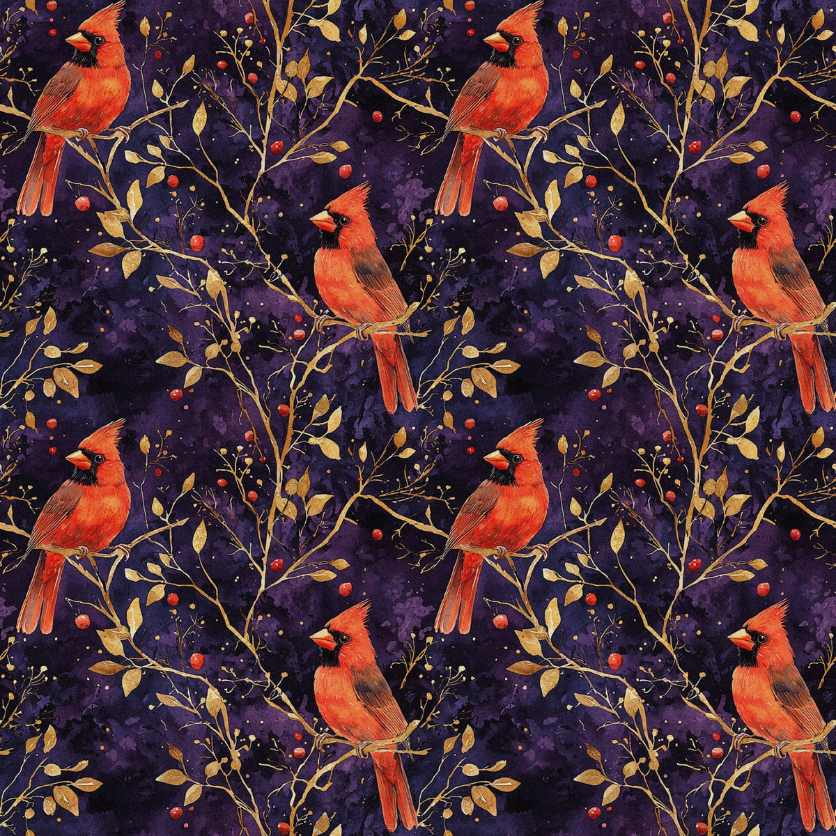red cardinals, purple background, gold branches, autumn leaves, red berries,, fabric panel, bird pattern, nature motif, starry night, burgundy, crimson, golden yellow, botanical design, winter birds, repeating pattern, wildlife fabric, branch perches, berry clusters, celestial backdrop
