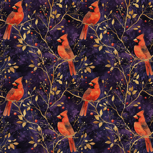 red cardinals, purple background, gold branches, autumn leaves, red berries,, fabric panel, bird pattern, nature motif, starry night, burgundy, crimson, golden yellow, botanical design, winter birds, repeating pattern, wildlife fabric, branch perches, berry clusters, celestial backdrop