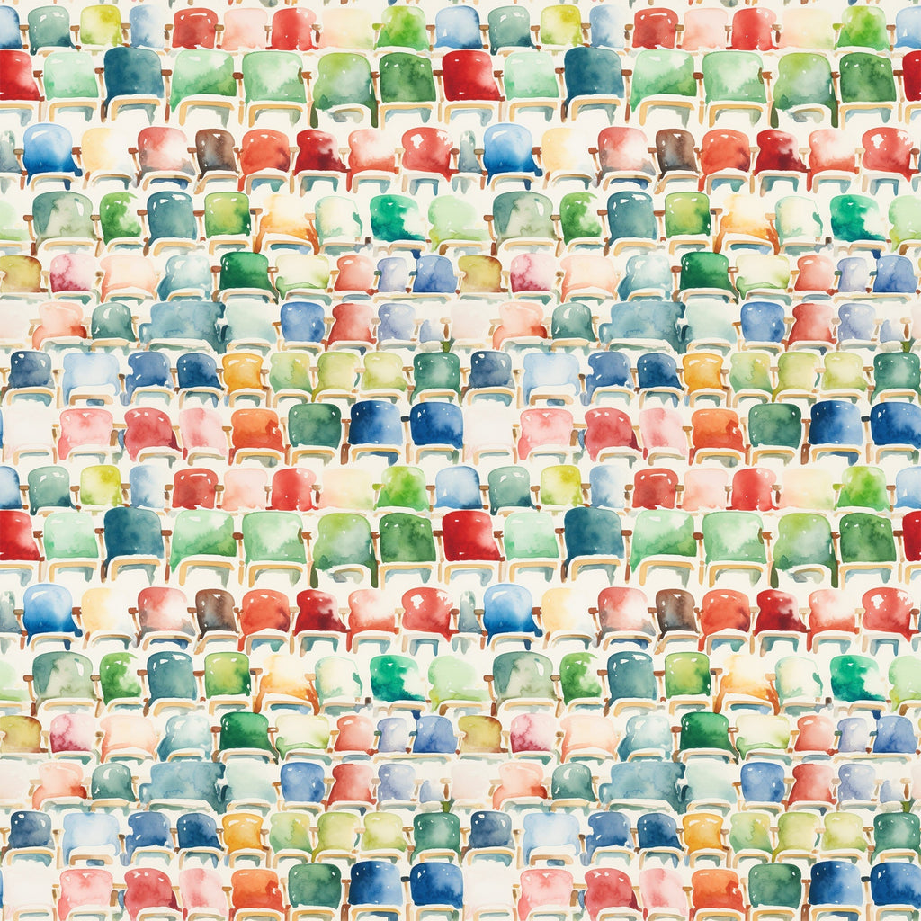 watercolor style, stadium seating, colorful chairs, football bleachers, sports theme,, fabric panel, red seats, blue seats, green seats, yellow seats, orange seats, pink seats, multicolored pattern, athletic venue, spectator seating, geometric arrangement, rows of chairs, sports decor, vibrant colors