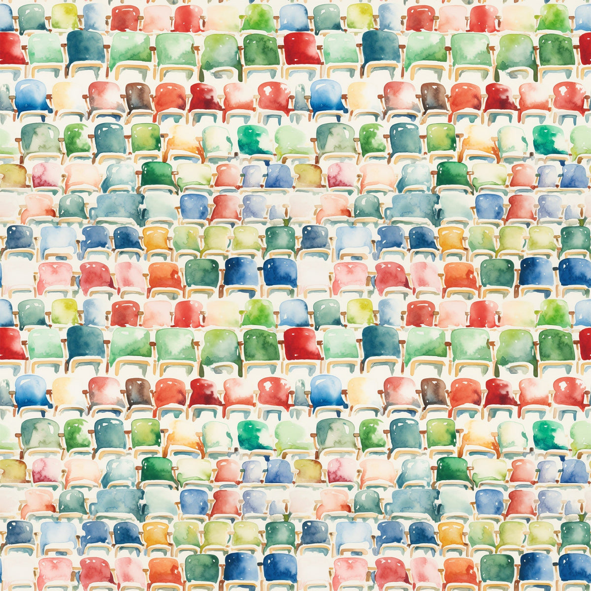 watercolor style, stadium seating, colorful chairs, football bleachers, sports theme,, fabric panel, red seats, blue seats, green seats, yellow seats, orange seats, pink seats, multicolored pattern, athletic venue, spectator seating, geometric arrangement, rows of chairs, sports decor, vibrant colors