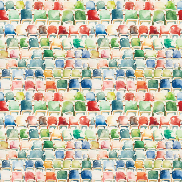 watercolor style, stadium seating, colorful chairs, football bleachers, sports theme,, fabric panel, red seats, blue seats, green seats, yellow seats, orange seats, pink seats, multicolored pattern, athletic venue, spectator seating, geometric arrangement, rows of chairs, sports decor, vibrant colors