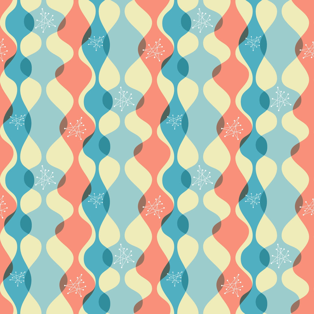 coral, teal blue, cream yellow, atomic starburst, mid-century modern, wavy ribbons, geometric shapes, retro pattern, 1950s style, space age design, atomic motifs, flowing curves,, fabric panel, vintage aesthetic, modernist, abstract design, boomerang shapes