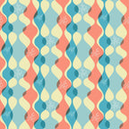 coral, teal blue, cream yellow, atomic starburst, mid-century modern, wavy ribbons, geometric shapes, retro pattern, 1950s style, space age design, atomic motifs, flowing curves,, fabric panel, vintage aesthetic, modernist, abstract design, boomerang shapes