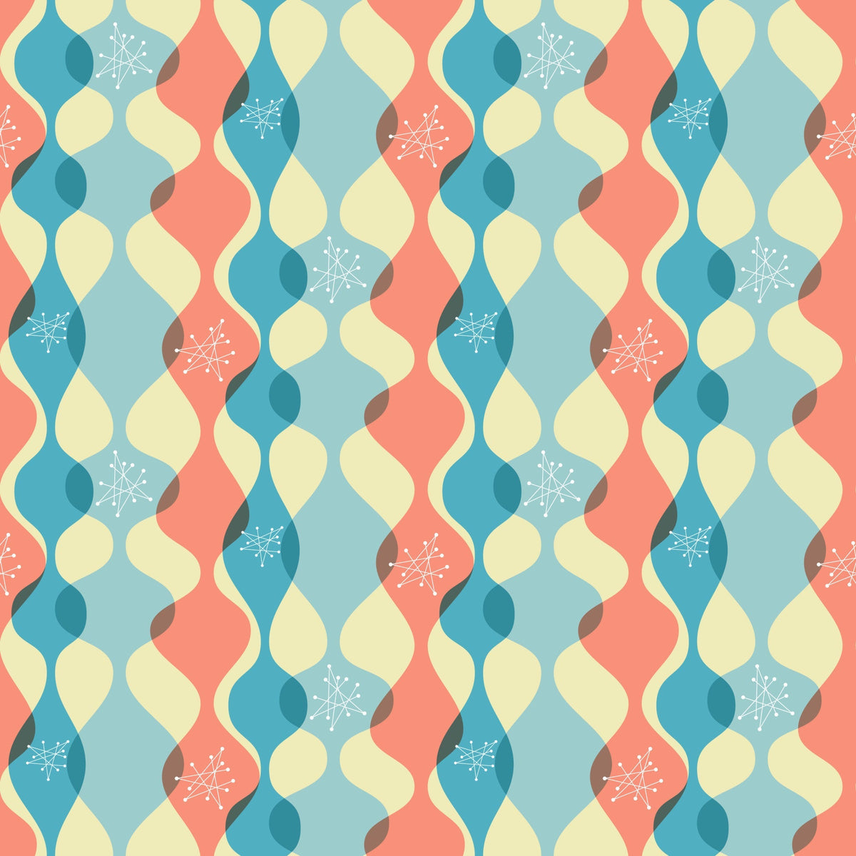 coral, teal blue, cream yellow, atomic starburst, mid-century modern, wavy ribbons, geometric shapes, retro pattern, 1950s style, space age design, atomic motifs, flowing curves,, fabric panel, vintage aesthetic, modernist, abstract design, boomerang shapes