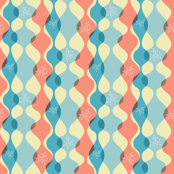 coral, teal blue, cream yellow, atomic starburst, mid-century modern, wavy ribbons, geometric shapes, retro pattern, 1950s style, space age design, atomic motifs, flowing curves,, fabric panel, vintage aesthetic, modernist, abstract design, boomerang shapes