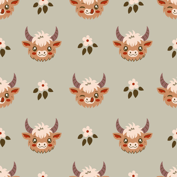 cute baby cows, highland cattle, kawaii style, cartoon animals, brown horns, fluffy fur, pink flowers, olive green leaves, beige background,, fabric panel, repeating pattern, adorable faces, pastoral theme, farm animals, soft colors, whimsical design, children's fabric, nursery decor