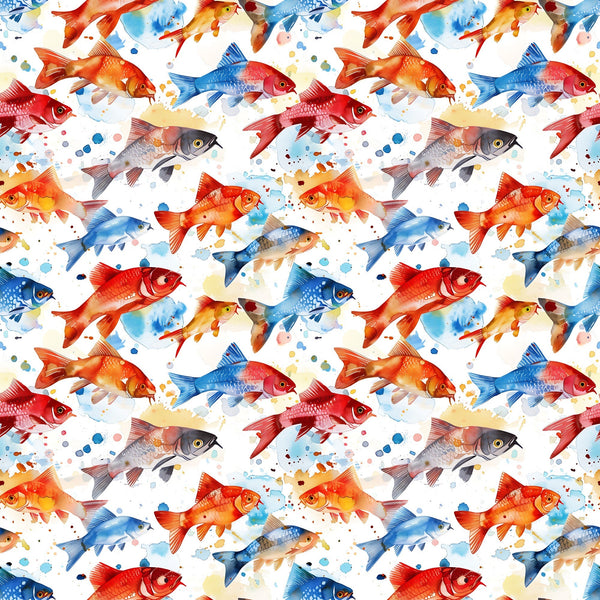 watercolor fish, aquatic pattern, red fish, blue fish, orange fish, swimming motif, sea creatures, artistic watercolor, splashes, paint drops,, fabric panel, marine life, colorful fish, watercolor style, ocean theme, repeating pattern, bright colors, fish silhouettes, aquarium design