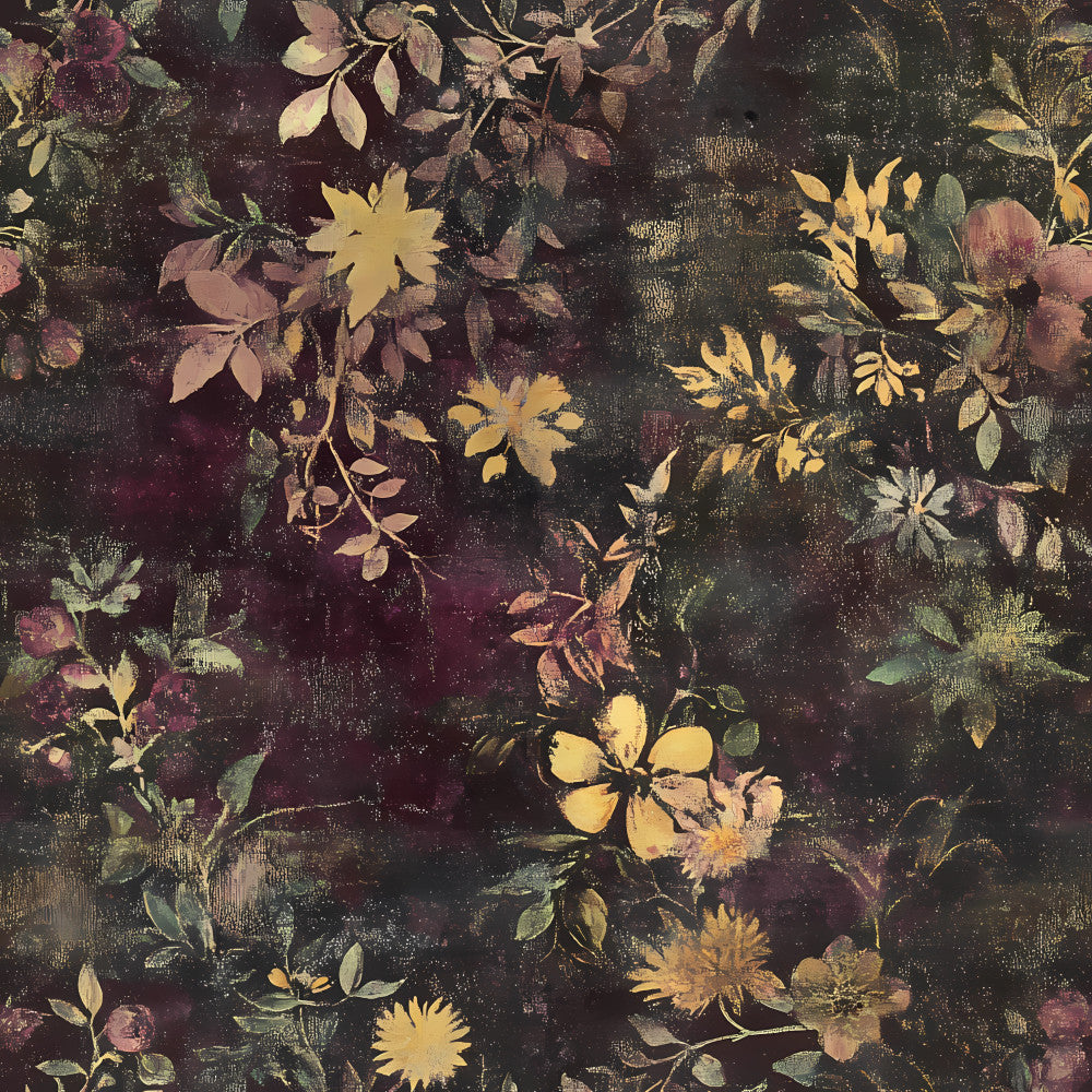 burgundy, deep plum, forest green, golden yellow, dusty rose, mauve, dark background, floral, botanical, vintage, romantic, elegant, whimsical, garden flowers, wildflowers, dahlias, roses, delicate blooms, nature-inspired, traditional, moody, dark academia, autumn, spring, cottage core, timeless, classic, painterly, hand-painted style, sophisticated