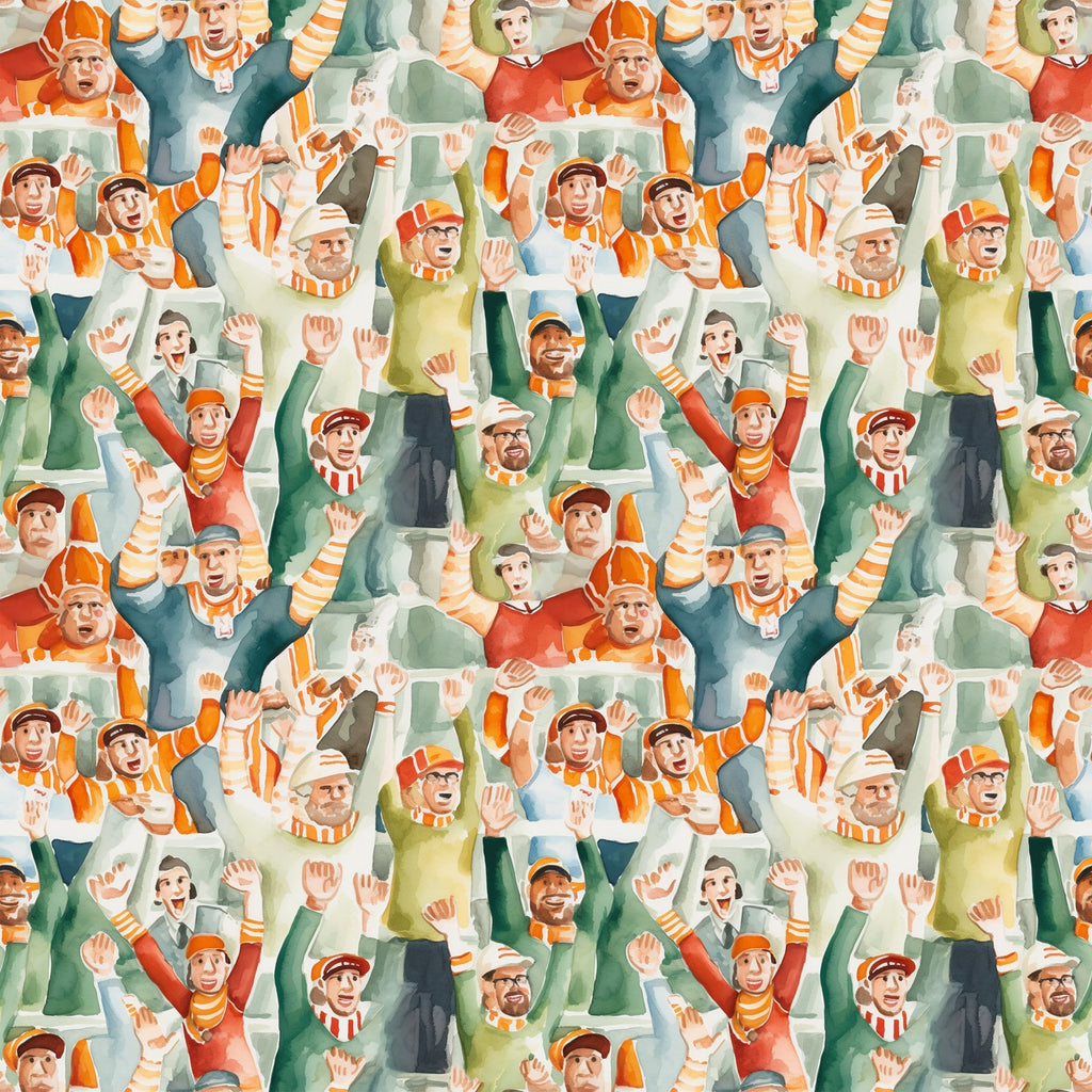 watercolor, football fans, crowd pattern, orange, green, red, yellow, sports theme, cheering people, stadium crowd,, fabric panel, repeating pattern, energetic mood, autumn colors, team spirit, spectators, waving hands, casual clothing, sports enthusiasts