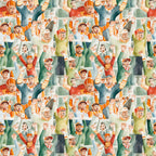 watercolor, football fans, crowd pattern, orange, green, red, yellow, sports theme, cheering people, stadium crowd,, fabric panel, repeating pattern, energetic mood, autumn colors, team spirit, spectators, waving hands, casual clothing, sports enthusiasts