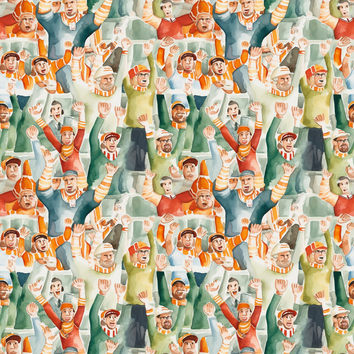 watercolor, football fans, crowd pattern, orange, green, red, yellow, sports theme, cheering people, stadium crowd,, fabric panel, repeating pattern, energetic mood, autumn colors, team spirit, spectators, waving hands, casual clothing, sports enthusiasts
