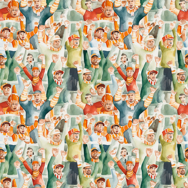 watercolor, football fans, crowd pattern, orange, green, red, yellow, sports theme, cheering people, stadium crowd,, fabric panel, repeating pattern, energetic mood, autumn colors, team spirit, spectators, waving hands, casual clothing, sports enthusiasts