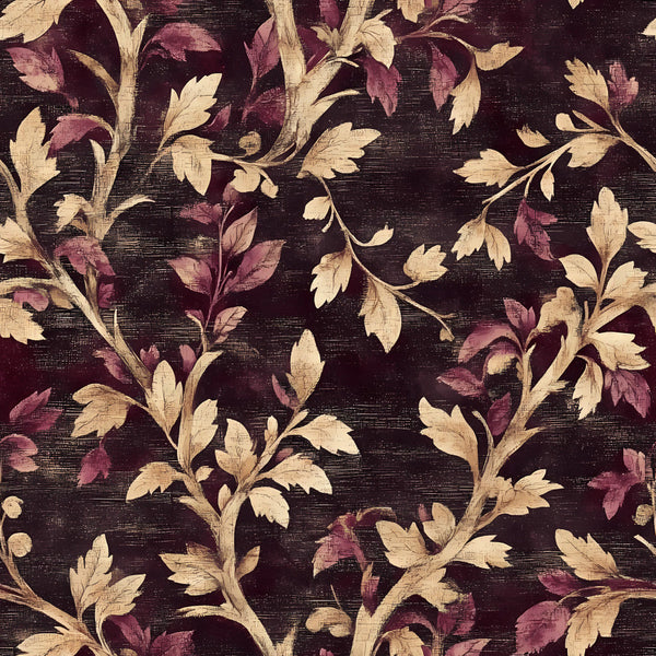 burgundy, deep wine, cream, ivory, pale gold, floral, botanical, vintage, elegant, traditional, ornate, leafy branches, scrolling vines, damask-inspired, formal, classic, timeless, autumn, fall, nature, garden, romantic, victorian, sophisticated, home decor, upholstery, dark background, multi-colored leaves, decorative foliage