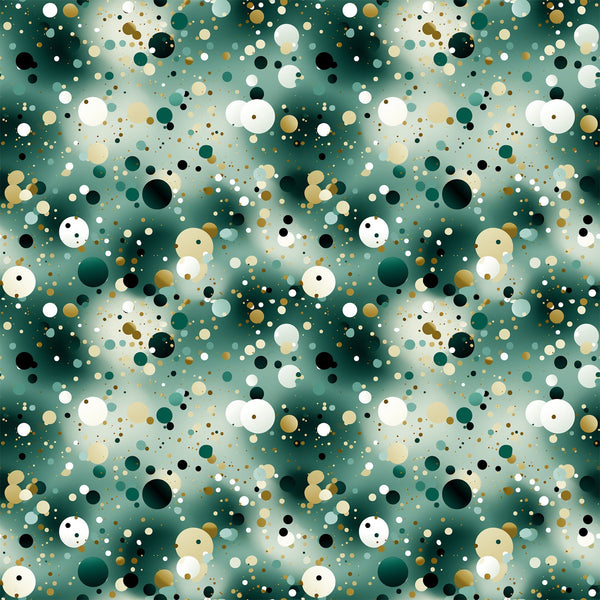 green, teal, emerald, white, cream, beige, black, gold, confetti pattern, scattered circles, polka dots, abstract design, geometric shapes, modern style, festive, celebratory,, fabric panel, party theme, contemporary pattern, bubble design, random placement, multi-sized dots