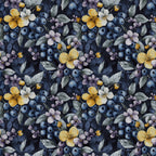 navy blue, dark blue, golden yellow, blush pink, mauve, sage green, floral, botanical, nature, berries, blueberries, flowers, four-petal flowers, vintage, garden, elegant, whimsical, summer, spring, cottage core, traditional, romantic, feminine, delicate, natural, leaves, foliage, nursery, kids room, baby shower