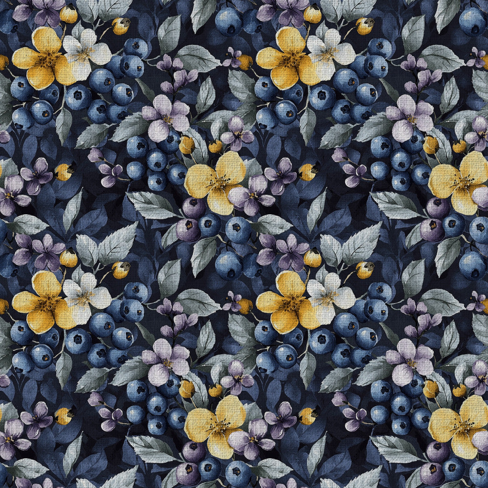 navy blue, dark blue, golden yellow, blush pink, mauve, sage green, floral, botanical, nature, berries, blueberries, flowers, four-petal flowers, vintage, garden, elegant, whimsical, summer, spring, cottage core, traditional, romantic, feminine, delicate, natural, leaves, foliage, nursery, kids room, baby shower