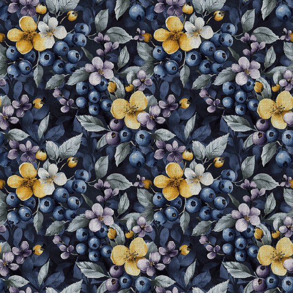 navy blue, dark blue, golden yellow, blush pink, mauve, sage green, floral, botanical, nature, berries, blueberries, flowers, four-petal flowers, vintage, garden, elegant, whimsical, summer, spring, cottage core, traditional, romantic, feminine, delicate, natural, leaves, foliage, nursery, kids room, baby shower