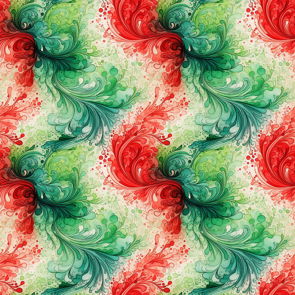 watercolor, christmas swirls, red, green, teal, emerald, coral, festive pattern, flowing design, ornamental swirls, holiday motifs, decorative flourishes,, fabric panel, seasonal fabric, winter colors, artistic brushstrokes, repeating pattern, crafting material, holiday sewing