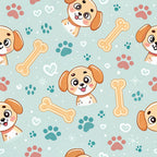 cute dogs, cartoon puppies, paw prints, dog bones, light blue background, coral pink, teal green, cream yellow, kawaii style, adorable faces, repeating pattern,, fabric panel, playful design, pet themed, animal print, hearts, winter snowflakes, cheerful mood, craft fabric