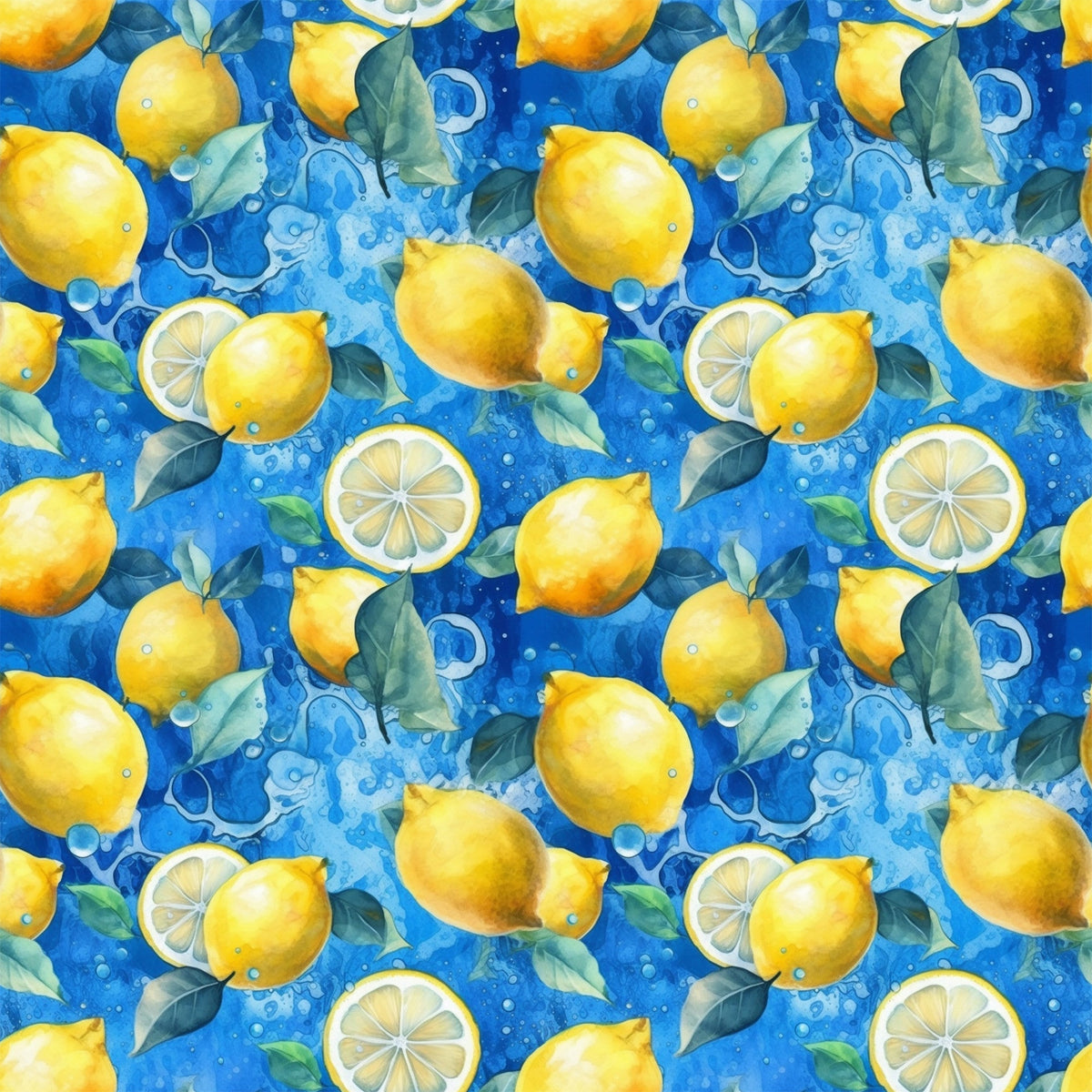bright yellow, vibrant blue, lemon pattern, citrus fruits, lemon slices, green leaves, water bubbles, splash effect, watercolor style, repeating pattern,, fabric panel, fresh citrus, summer theme, bright colors, fruit motif, botanical elements, cheerful design, kitchen theme