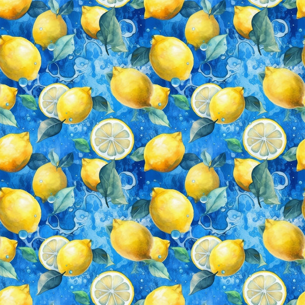 bright yellow, vibrant blue, lemon pattern, citrus fruits, lemon slices, green leaves, water bubbles, splash effect, watercolor style, repeating pattern,, fabric panel, fresh citrus, summer theme, bright colors, fruit motif, botanical elements, cheerful design, kitchen theme