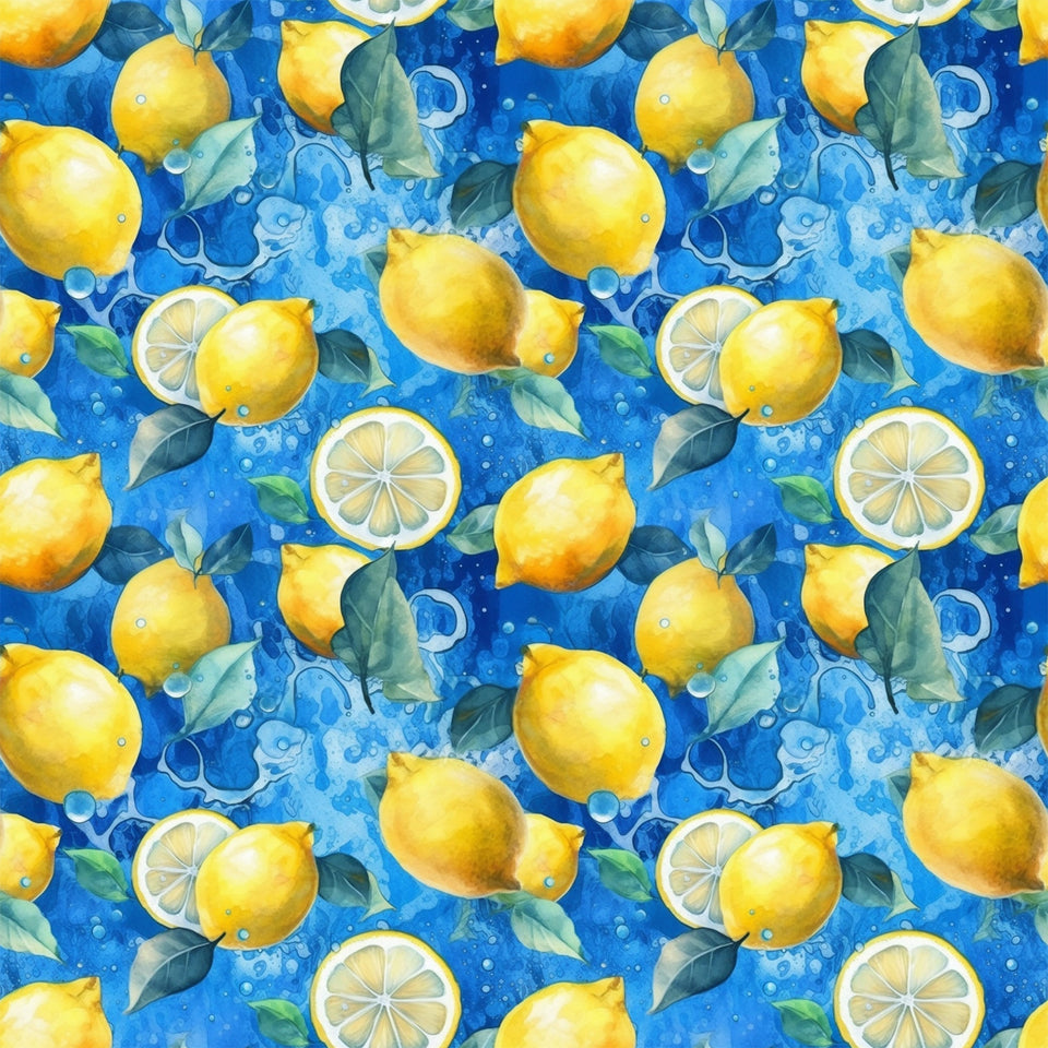 bright yellow, vibrant blue, lemon pattern, citrus fruits, lemon slices, green leaves, water bubbles, splash effect, watercolor style, repeating pattern,, fabric panel, fresh citrus, summer theme, bright colors, fruit motif, botanical elements, cheerful design, kitchen theme