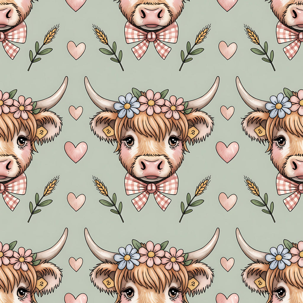 highland cow, cow heads, horns, floral crown, gingham bow tie, pink hearts, wheat stalks, sage green background, pastoral pattern, farm animals, cottagecore aesthetic, repeating design,, fabric panel, adorable cows, country charm, botanical elements, soft pastels, cute animals, rustic theme
