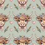 highland cow, cow heads, horns, floral crown, gingham bow tie, pink hearts, wheat stalks, sage green background, pastoral pattern, farm animals, cottagecore aesthetic, repeating design,, fabric panel, adorable cows, country charm, botanical elements, soft pastels, cute animals, rustic theme