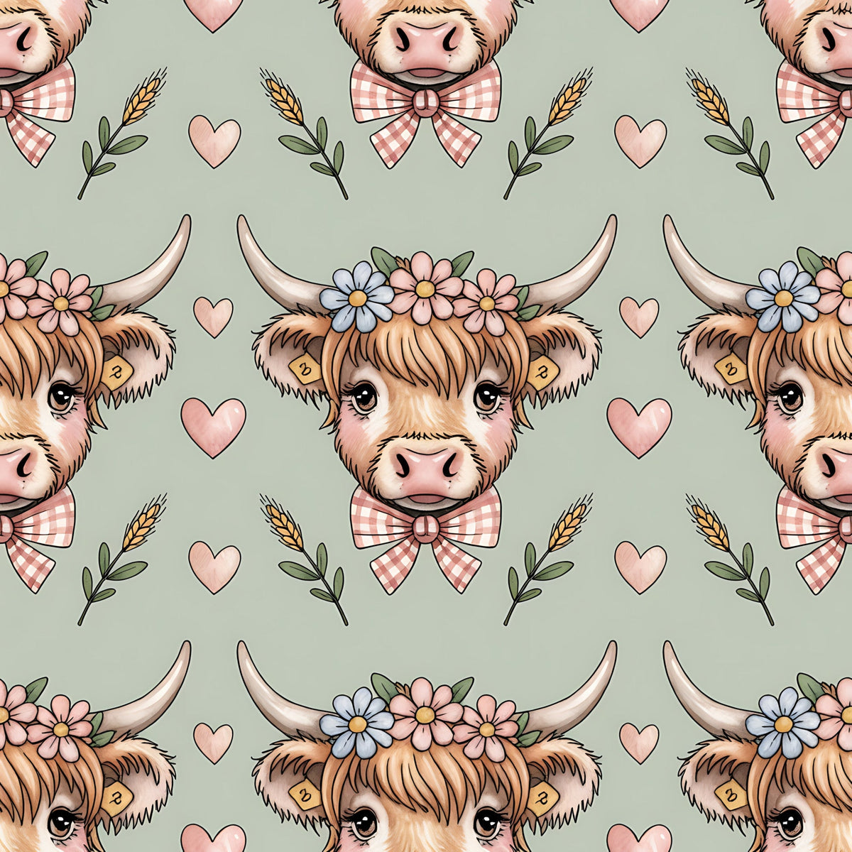 highland cow, cow heads, horns, floral crown, gingham bow tie, pink hearts, wheat stalks, sage green background, pastoral pattern, farm animals, cottagecore aesthetic, repeating design,, fabric panel, adorable cows, country charm, botanical elements, soft pastels, cute animals, rustic theme