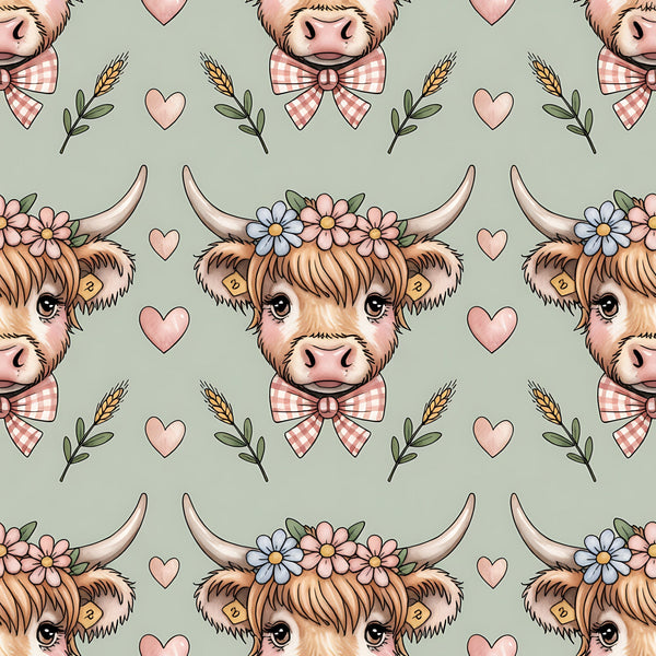 highland cow, cow heads, horns, floral crown, gingham bow tie, pink hearts, wheat stalks, sage green background, pastoral pattern, farm animals, cottagecore aesthetic, repeating design,, fabric panel, adorable cows, country charm, botanical elements, soft pastels, cute animals, rustic theme