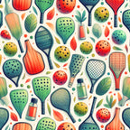 watercolor, pickleball, paddles, balls, coral, teal, green, orange, yellow, leaves, botanical, sports equipment,, fabric panel, modern illustration, athletic theme, recreational sports, geometric patterns, vibrant colors, contemporary design