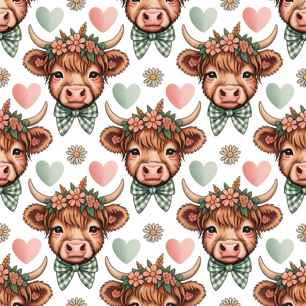 highland cows, brown fur, green gingham bows, floral crowns, pink hearts, sage green hearts, white daisies, pastoral pattern, cute animals, cottage core,, fabric panel, repeating motif, soft pastels, farmhouse style, whimsical design, adorable cattle, country charm, craft fabric, sewing material