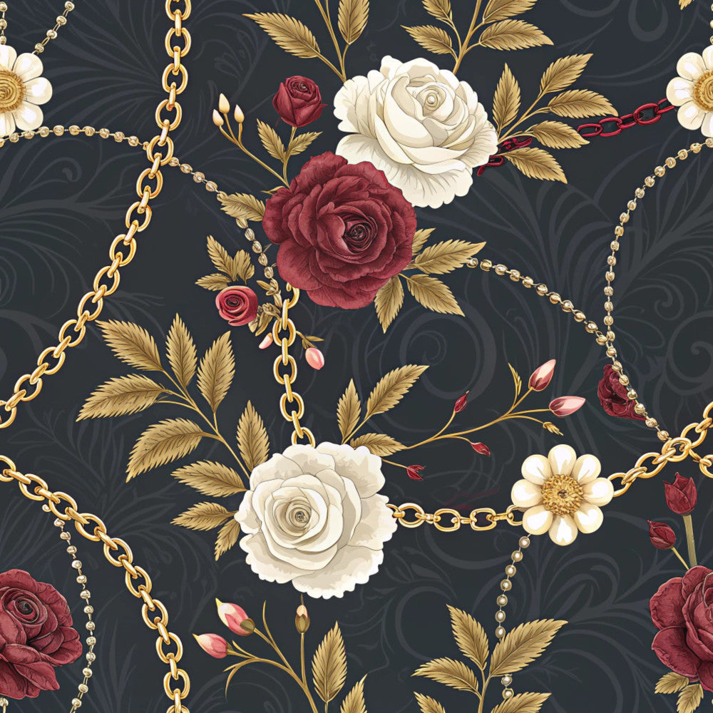 navy background, cream rose, burgundy rose, gold chain, golden leaf, floral pattern, vintage floral, elegant style, traditional style, luxury pattern, botanical motif, chain link, beaded chain, daisy flower, rose bouquet, deep red, ivory white, gold accents, ornate design, classic floral, romantic style, sophisticated pattern, decorative chain, garden flowers, timeless design, formal elegance, ornamental leaves, luxury fabric, statement pattern