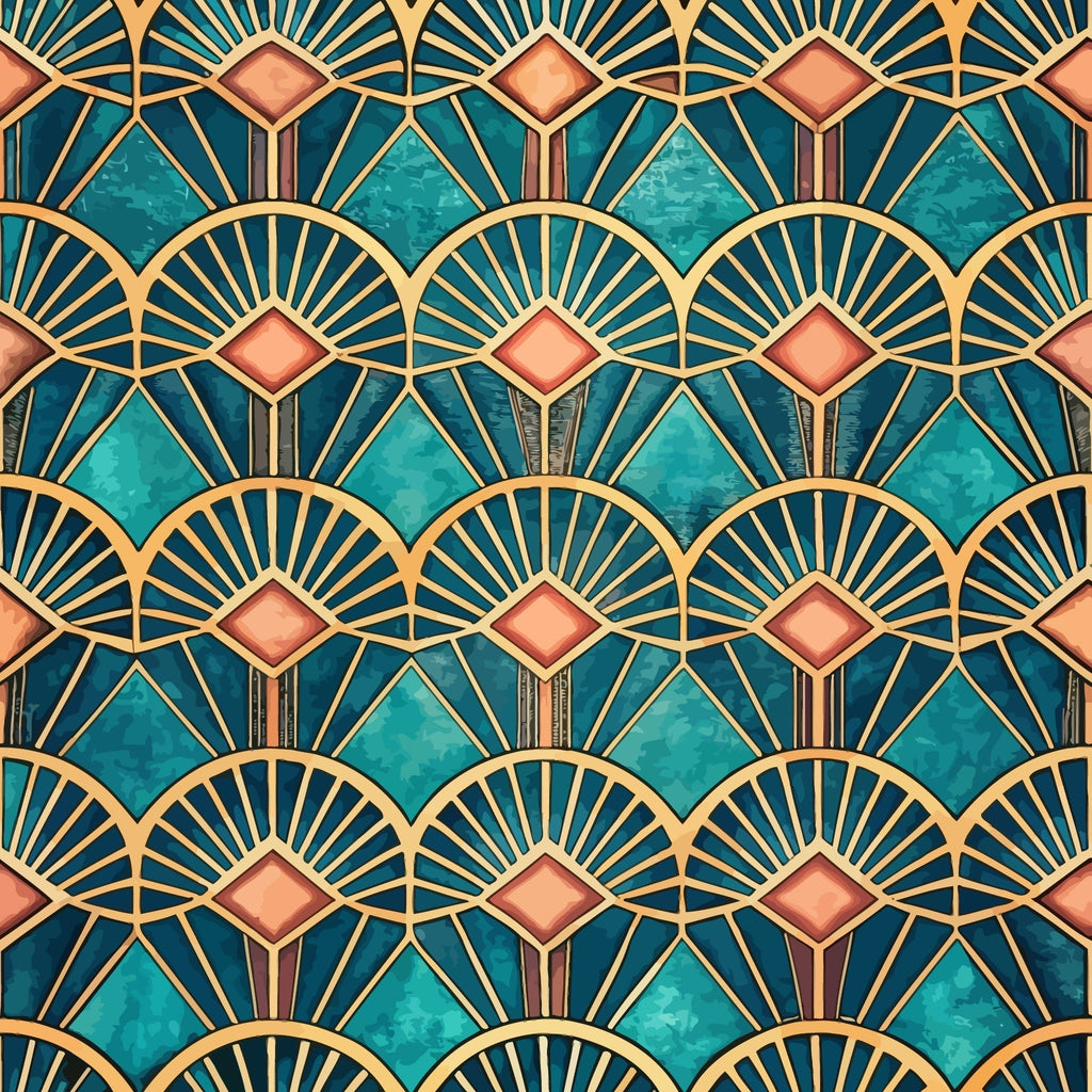 teal, turquoise, coral pink, gold, navy blue, art deco, geometric pattern, fan motif, sunburst design, diamond shapes, repeating pattern, ornate design, vintage style, luxurious, symmetrical,, fabric panel, decorative motifs, scalloped edges, metallic accents