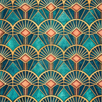 teal, turquoise, coral pink, gold, navy blue, art deco, geometric pattern, fan motif, sunburst design, diamond shapes, repeating pattern, ornate design, vintage style, luxurious, symmetrical,, fabric panel, decorative motifs, scalloped edges, metallic accents