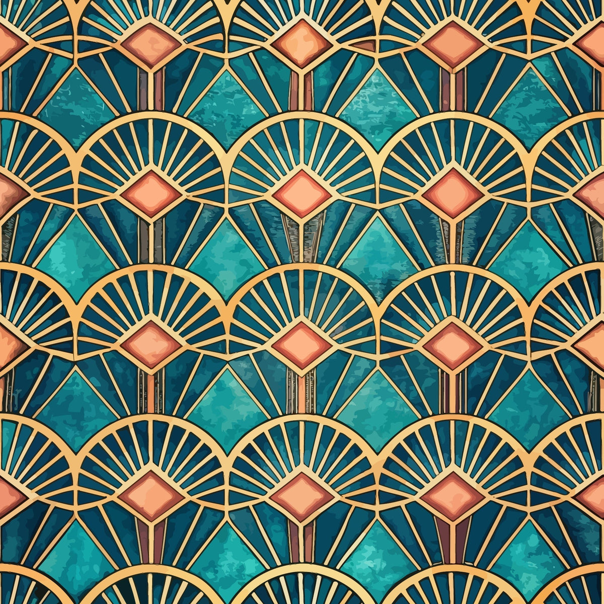 teal, turquoise, coral pink, gold, navy blue, art deco, geometric pattern, fan motif, sunburst design, diamond shapes, repeating pattern, ornate design, vintage style, luxurious, symmetrical,, fabric panel, decorative motifs, scalloped edges, metallic accents
