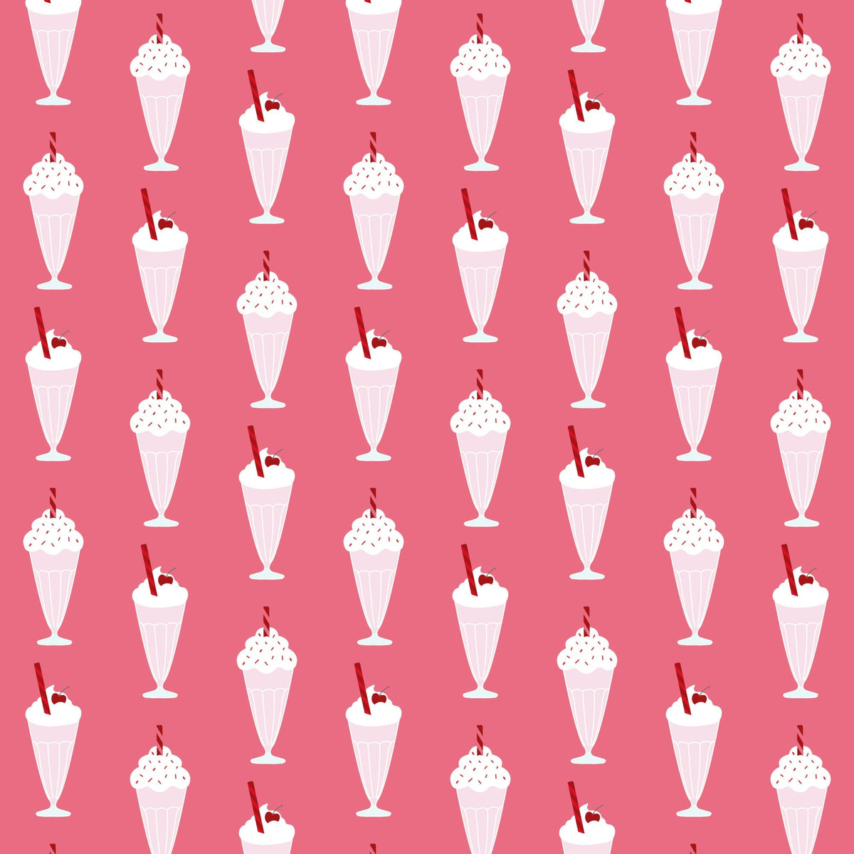 pink background, milkshakes, ice cream sundaes, retro desserts, 1950s style, diner theme, whipped cream, cherries, sprinkles, vintage illustrations, nostalgic pattern, repeating motif,, fabric panel, sweet treats, soda fountain, pastel pink, white cream, red accents, mid-century modern