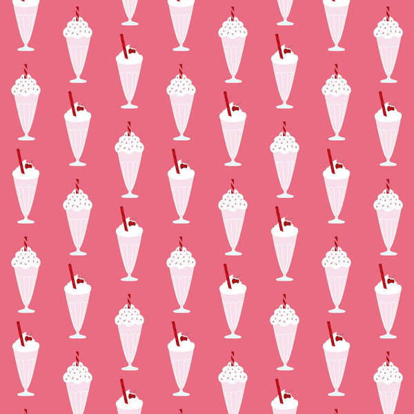 pink background, milkshakes, ice cream sundaes, retro desserts, 1950s style, diner theme, whipped cream, cherries, sprinkles, vintage illustrations, nostalgic pattern, repeating motif,, fabric panel, sweet treats, soda fountain, pastel pink, white cream, red accents, mid-century modern