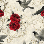 deep red roses, black birds, cream background, gold scrollwork, vintage floral, elegant pattern, romantic style, nature themed, birds and flowers, traditional design, ornate swirls, gothic elegance, dark academia, literary aesthetic, timeless pattern, sophisticated style, decorative birds, red and black, cream with gold accents, botanical elements, classic beauty, whimsical birds, heritage design, antique inspired, luxury aesthetic, damask style, raven motif, rose garden, heirloom quality