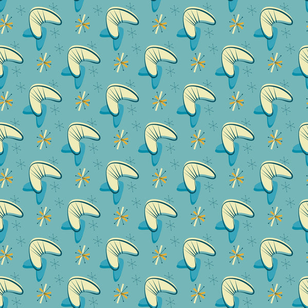 turquoise background, cream colored, yellow orange accents, boomerang shapes, atomic starbursts, mid-century modern, retro design, geometric pattern, 1950s style, space age motifs,, fabric panel, modernist aesthetic, angular shapes, repetitive pattern, atomic era, starburst elements, kidney shapes, vintage inspired, contemporary feel