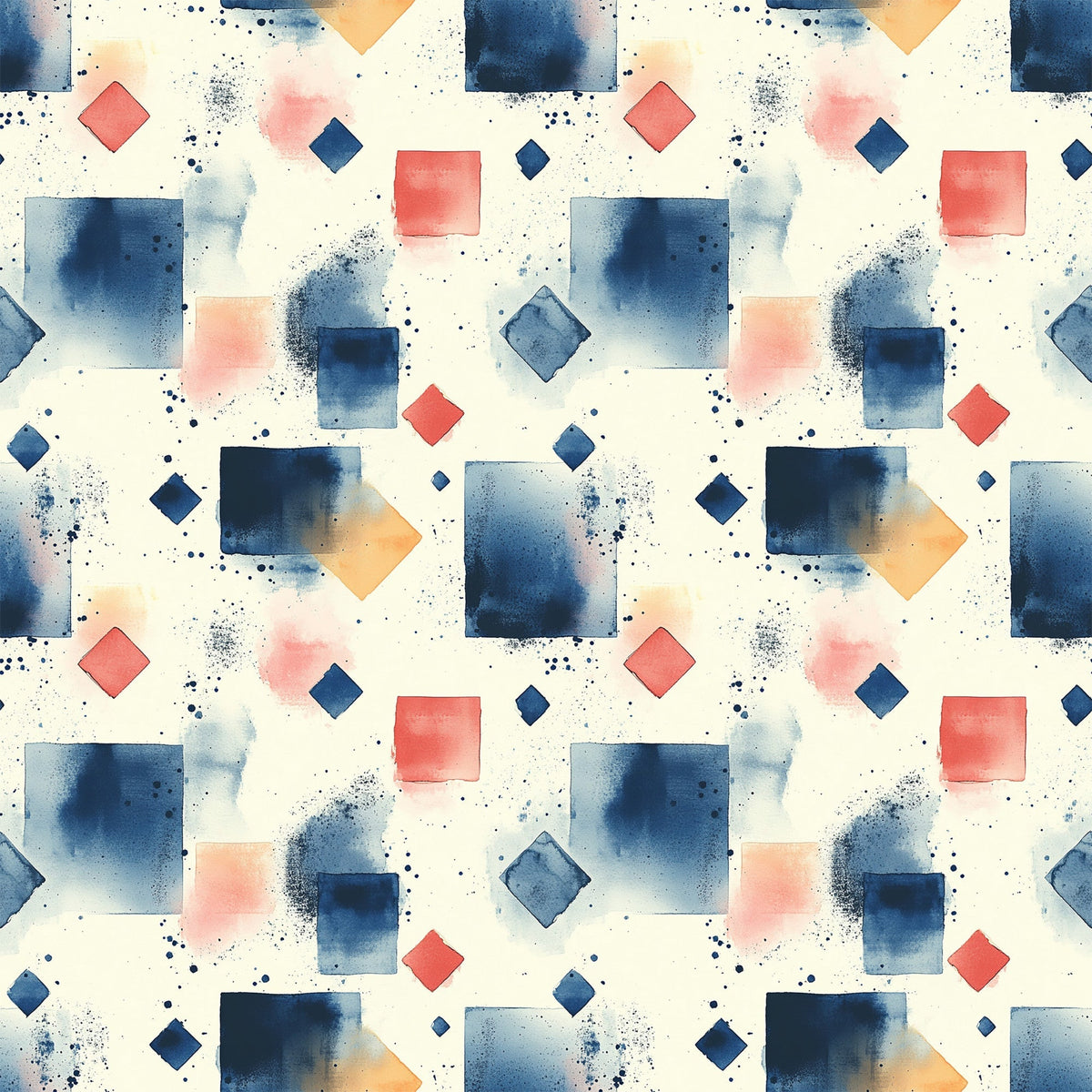 navy blue, coral pink, orange, cream background, geometric shapes, squares, diamonds, watercolor effect, paint splatters, mid century modern, abstract pattern,, fabric panel, contemporary design, scattered dots, artistic brushstrokes, modern geometric, repeating pattern, textile design, crafting fabric