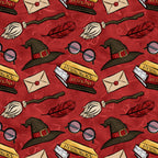 crimson red, burgundy, wizard hat, witch hat, broomstick, feather quill, round glasses, envelope, wax seal, herbology potions, magic books, repeating pattern, whimsical design, fantasy theme, magical elements,, fabric panel, school supplies, witchcraft accessories, seamless repeat