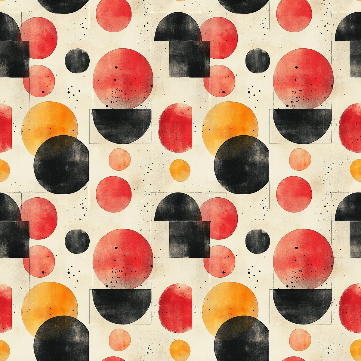 orange, red, black, cream, beige, geometric circles, overlapping shapes, mid century modern, abstract pattern, watercolor texture, retro design, vintage style, minimalist, contemporary,, fabric panel, scattered dots, organic shapes, modernist aesthetic, warm tones