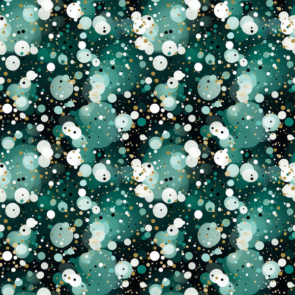 green, teal, white, gold, black, confetti pattern, polka dots, circles, scattered dots, geometric design, festive, celebratory,, fabric panel, modern pattern, abstract design, party theme, bubbly pattern, dotted fabric, contemporary style
