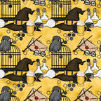 yellow background, golden yellow, wizard hat, owl, birdcage, potion bottles, magic wand, letter envelope, round glasses, honeycomb pattern, butterbeer mug,, fabric panel, magic school, wizarding theme, repeating pattern, cartoon style, whimsical design, black accents, cream colored bottles