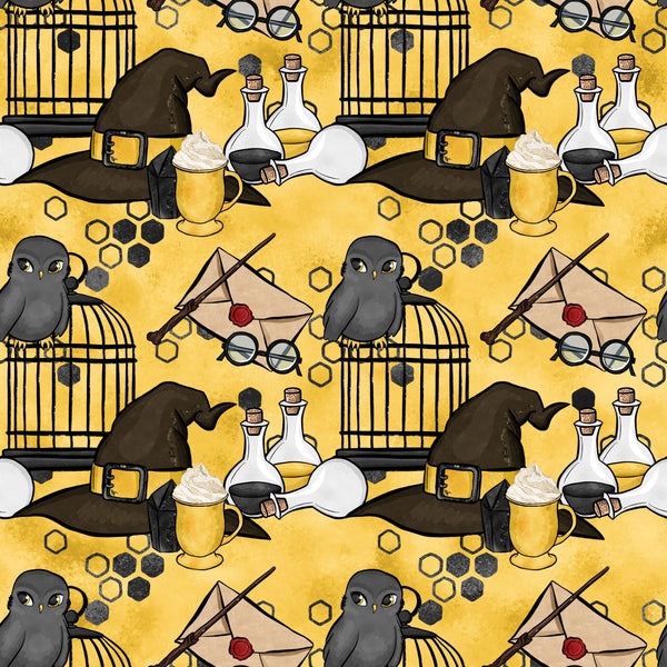 yellow background, golden yellow, wizard hat, owl, birdcage, potion bottles, magic wand, letter envelope, round glasses, honeycomb pattern, butterbeer mug,, fabric panel, magic school, wizarding theme, repeating pattern, cartoon style, whimsical design, black accents, cream colored bottles