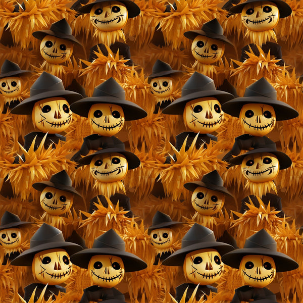 orange, amber, golden yellow, black, scarecrow faces, witch hats, stitched smiles, button eyes, autumn harvest, spooky characters, halloween theme, wheat stalks, corn husks, repeating pattern,, fabric panel, rustic style, fall season, creepy cute, seasonal motif