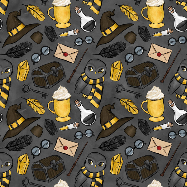 charcoal gray, mustard yellow, wizard hats, magical owls, potion bottles, treasure chests, feathers, wands, envelopes, magnifying glass, keys, striped scarves,, fabric panel, whimsical illustrations, magical school, fantasy theme, cartoon style, repeating pattern, mystical elements