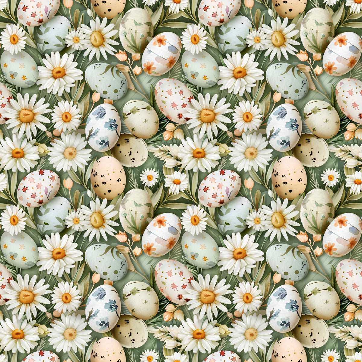 easter eggs, white daisies, green foliage, sage green, cream, peach, floral pattern, spring flowers, botanical design,, fabric panel, easter theme, pastel colors, decorative eggs, wildflowers, meadow pattern, seamless repeat, cottage core, nature motifs, spring seasonal