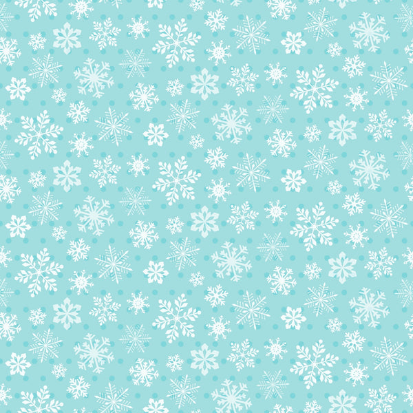 turquoise background, white snowflakes, winter pattern, repeating design, geometric snowflakes, icy blue, aqua fabric, seasonal motif, delicate snowflakes, crystalline patterns,, fabric panel, winter wonderland, frosty design, holiday fabric, christmas theme, scattered snowflakes, cool tones, festive pattern